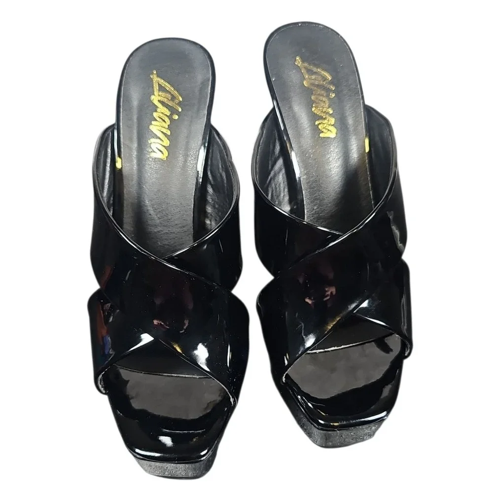 Liliana Platform Heels‎ Mules Criss Cross Open Toe Party Shoes Black 7.5 Nwot - Picture 3 of 9
